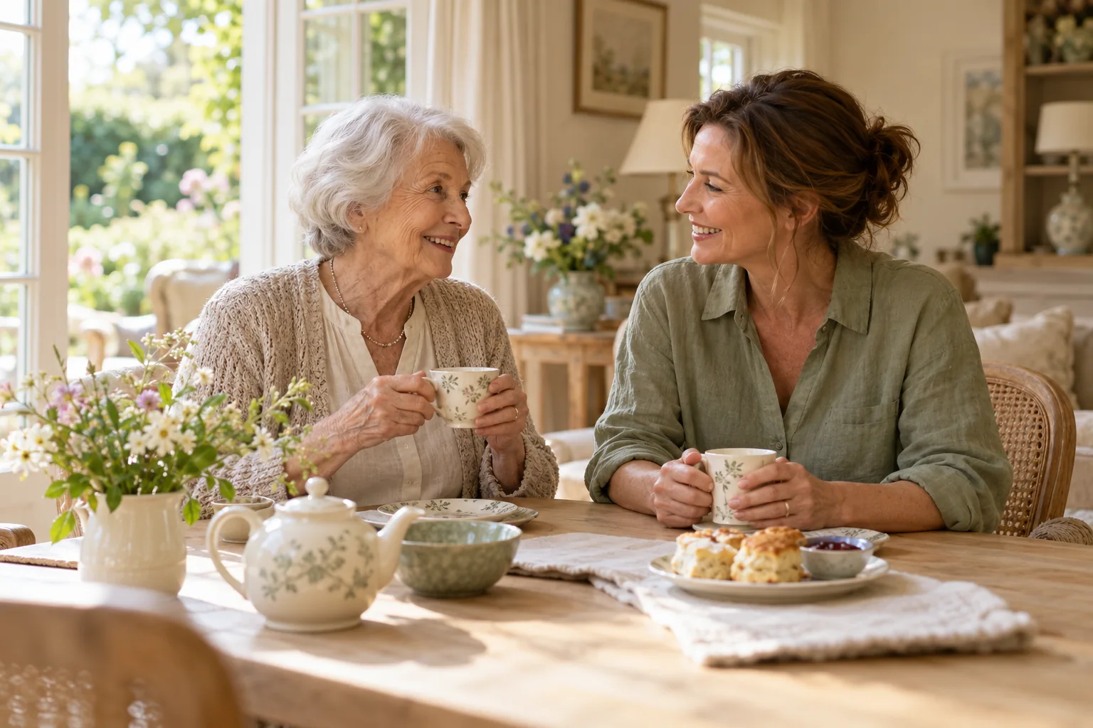 An older woman and a home support companion sharing tea in a bright, welcoming home